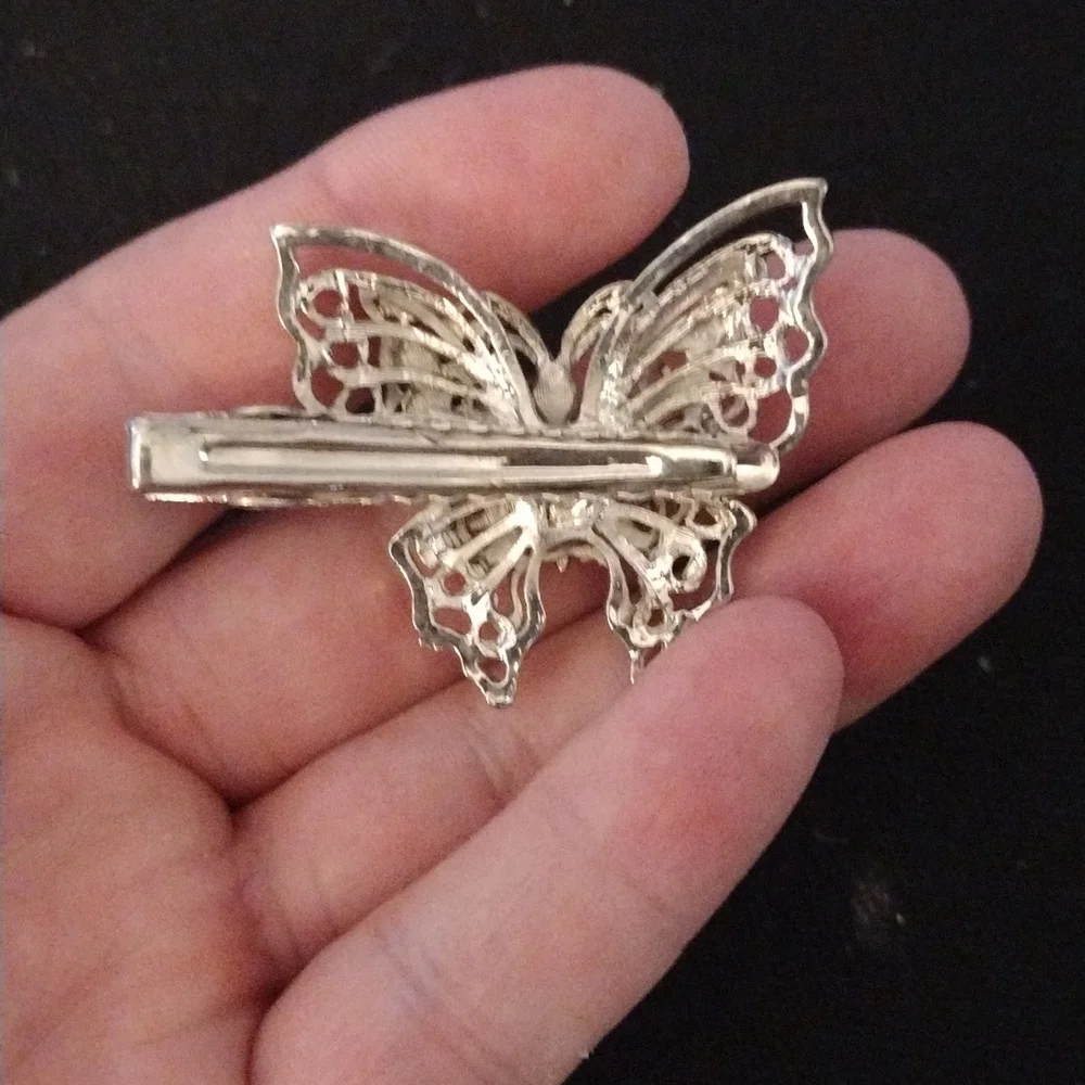 Vintage Silver Tone Filigree W/ Clear Rhinestone Butterfly Hair Clip